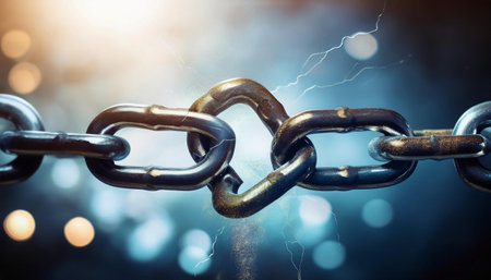 An artistic depiction of a broken chain link, symbolizing disconnection or failure. Ideal for discussions on teamwork, challenges, and digital content about overcoming obstacles.の素材