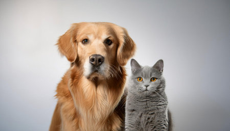 A golden retriever stands proudly next to a gray cat, both displaying friendly expressions. The golden retriever has a shiny coat and a friendly demeanor, while the gray cat looks calm and poised. They are positioned in front of a neutral backdrop, showcasing their companionship.の素材