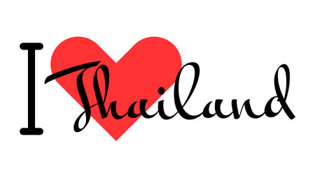I love Thailand. Hand drawn letters with red heart. Vector illustration, lettering in modern design for print t shirt, banner, poster, sticker or label.のイラスト素材