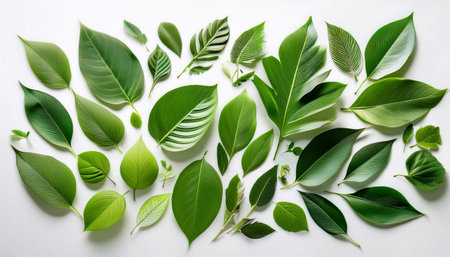 A collection of fresh green leaves spreads out artistically against a bright white backdrop. The leaves vary in size and shape, creating a lively arrangement that suggests movement and vitality. The bright lighting accentuates the natural beauty and texture of each leaf.の素材