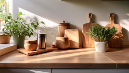 A sunlit kitchen countertop showcases a simple arrangement of natural materials, including wooden serving boards, ceramic containers, and small potted plants. The light enhances the inviting atmosphere of the space while emphasizing a clean and modern design.の素材