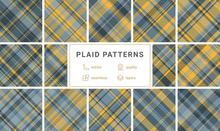 A stylish set of plaid patterns with a mix of stripes and check designs, perfect for textile and fabric use. Ideal for trendy shirts, wallpaper, and fashionable decor with a Scottish twist.のイラスト素材
