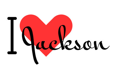I love Jackson, city of United States. Hand drawn letters with red heart. Vector illustration lettering, modern design for print t shirt, banner, poster, sticker or label.のイラスト素材