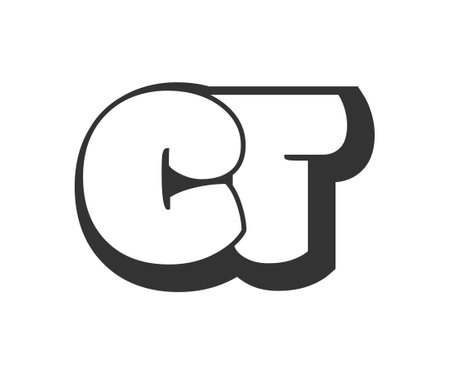 CT logo, bubble comic lettering, rounded in graffiti style black and white silhouette. Trendy preschool C and T letter text for festival party, personal initials, children funky print and web. Vector illustration.のイラスト素材