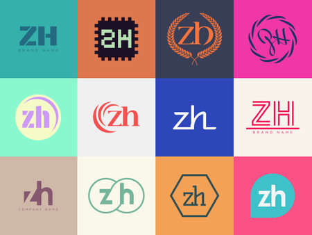 ZH logo company template. Letter z and h logotype. Set different classic serif lettering and modern bold text with design elements. Initial font typography. Collection trendy business identity.のイラスト素材