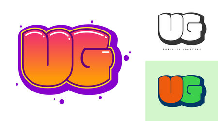 UG logo design for festival or party. Initial letter u and g in graffiti style. Creative modern lettering company name of font typography. Kids trendy logotype or identity. Vector illustration.のイラスト素材