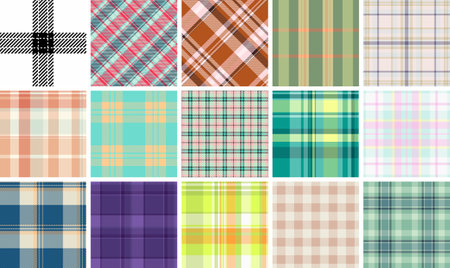 Collection of 15 vibrant plaid and check patterns. Perfect for textile design, fashion, home decor,...