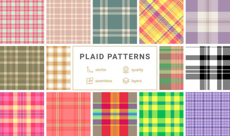 Collection of 12 vibrant plaid patterns. Seamless vector designs in various colors styles, perfect for textile prints, web design, or fashion projects. High-quality, layered files for easy editing.のイラスト素材