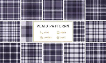Twelve stylish purple and white plaid patterns. Seamless vector designs perfect for textile prints,...