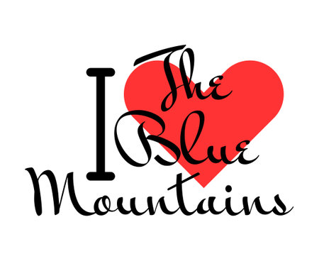 I love The Blue Mountains, city of Canada. Hand drawn letters with red heart. Vector illustration lettering, modern design for print t shirt, banner, poster, sticker or label.のイラスト素材
