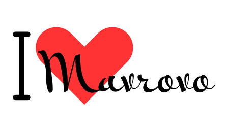 I love Mavrovo, city of North Macedonia. Hand drawn letters with red heart. Vector illustration lettering, modern design for print t shirt, banner, poster, sticker or label.のイラスト素材