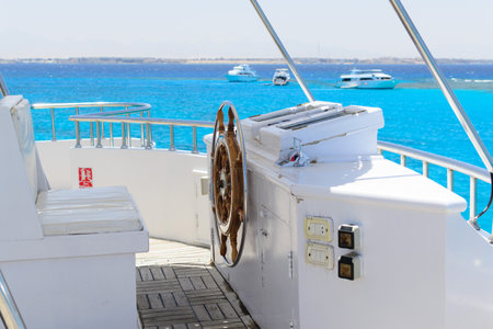 Luxury yacht helm, turquoise sea view. Perfect summer vacation!