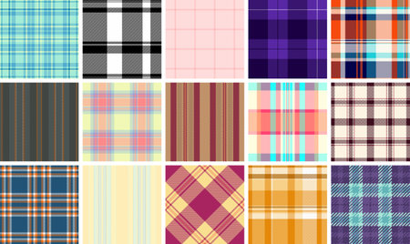 Trendy plaid patterns in vibrant colors, featuring checkered designs and gingham-inspired stripes....