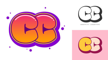 CC logo design for festival or party. Initial letter c and c in graffiti style. Creative modern lettering company name of font typography. Kids trendy logotype or identity. Vector illustration.のイラスト素材