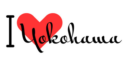 I love Yokohama, city of Japan. Hand drawn letters with red heart. Vector illustration lettering, modern design for print t shirt, banner, poster, sticker or label.のイラスト素材
