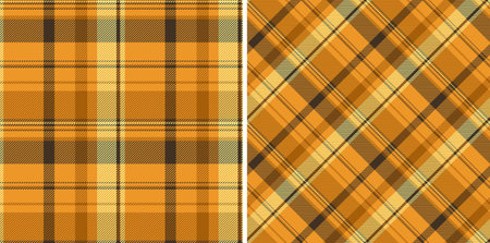Two seamless autumnal plaid patterns. Warm orange and brown hues create a versatile texture ideal for textile design, fashion, or website backgrounds. Perfect for fall themed projectsのイラスト素材