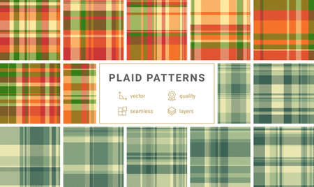 Collection of 12 seamless plaid patterns. Vibrant autumnal and earthy green tones. Perfect for textile design, fabric prints, and fallthemed projects.のイラスト素材