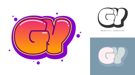 GY logo design for festival or party. Initial letter g and y in graffiti style. Creative modern lettering company name of font typography. Kids trendy logotype or identity. Vector illustration.のイラスト素材