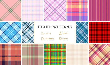 Vibrant plaid patterns with geometric checks and stripes, ideal for textile designs, wallpaper, or...