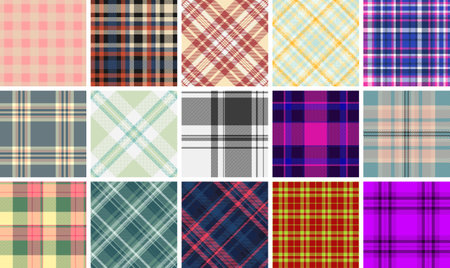 Vibrant collection of 12 unique plaid patterns. Perfect for textile design, fashion, website backgrounds, and more.のイラスト素材