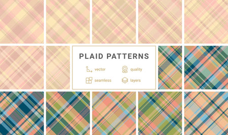 Twelve stylish plaid patterns in pastel and earthy tones. Seamless vector designs perfect for textile prints, website backgrounds, or fashion designs. High quality, layered files for easy editing.のイラスト素材