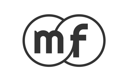 MF business company emblem with outline rounds and letters m f. Logo template of two merged circles for brand identity, logotype. Vector Infinity symbol and technology sign.のイラスト素材