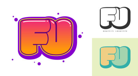 FU logo design for festival or party. Initial letter f and u in graffiti style. Creative modern lettering company name of font typography. Kids trendy logotype or identity. Vector illustration.のイラスト素材