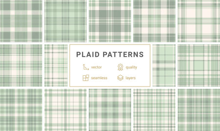 A plaid pattern collection with geometric checks and striped designs, ideal for textile and fabric use. Perfect for shirts, wallpaper, or creating a classic British-inspired material print.のイラスト素材