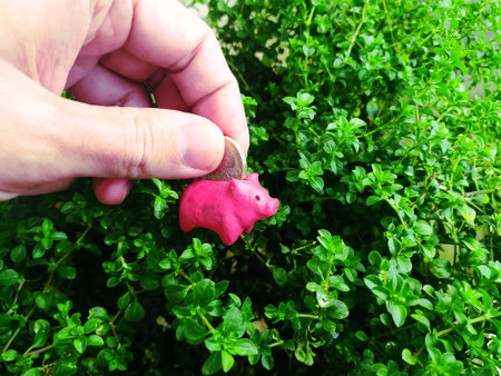 Saving with a tiny pink pig against a green plant background. Concept for investment, finance, growth, and small beginnings. Personal finance or business use.の写真素材
