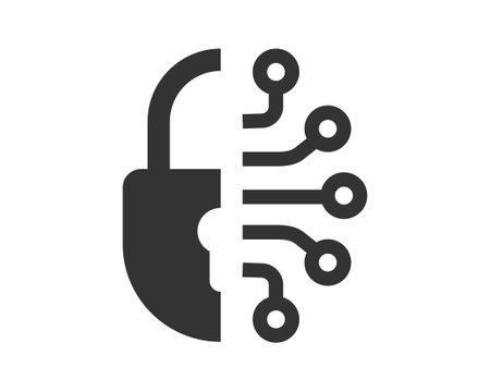 Minimalist vector icon of a padlock merged with a circuit board. Represents digital security, encryption, or data protection. Ideal for technology or cybersecurity themes.のイラスト素材