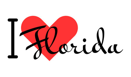 I love Florida state of the United States of America. Hand drawn letters with red heart. USA regions vector illustration, lettering in modern design for print t shirt, banner, poster, sticker or label.のイラスト素材