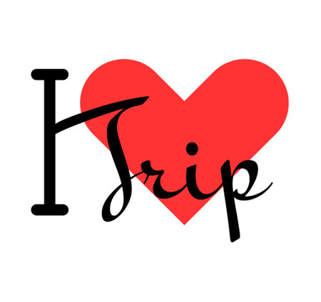 I love Trip creative slogan. Hand drawn letters with red heart. Vector illustration, lettering in modern design for print t shirt, banner, poster, sticker or label.のイラスト素材