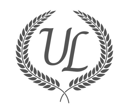 Initial letter U and L, UL monogram logo design with laurel wreath. Luxury emblem with calligraphy font.のイラスト素材