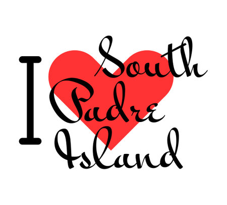I love South Padre Island, city of United States. Hand drawn letters with red heart. Vector illustration lettering, modern design for print t shirt, banner, poster, sticker or label.のイラスト素材