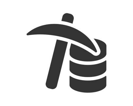 Data mining concept. Icon with pickaxe and database. Symbolizes data extraction, analysis, and insights. Great for tech, business, and finance projects.のイラスト素材