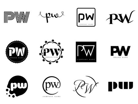 PW logo company template. Letter p and w logotype. Set different classic serif lettering and modern bold text with design elements. Initial font typography. Collection trendy business identity.のイラスト素材