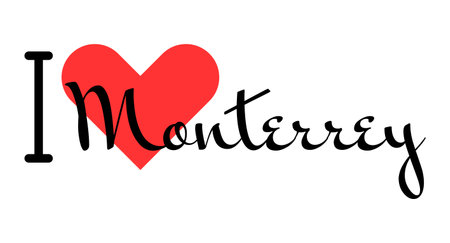 I love Monterrey, city of Mexico. Hand drawn letters with red heart. Vector illustration lettering, modern design for print t shirt, banner, poster, sticker or label.のイラスト素材