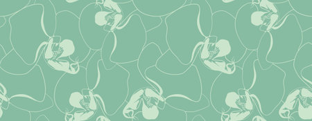 Elegant pale green orchid pattern. Subtle line art design ideal for wallpaper, textiles, and branding. Creates a serene, sophisticated mood perfect for spa, beauty, or wellness projects.のイラスト素材