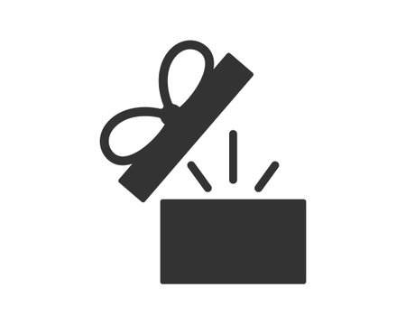 A graphic icon of an open gift box with radiating light, symbolizing surprise, celebration, reward, or promotion. Clean design ideal for digital use.のイラスト素材