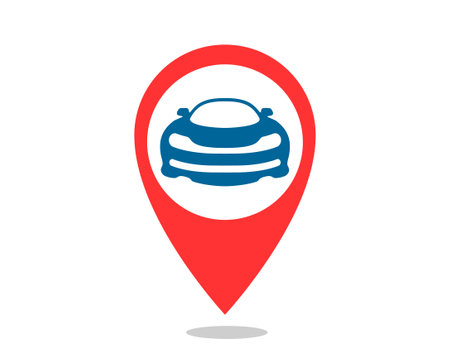 Car location pin icon. Modern, flat design for automotive services, gps tracking, vehicle rental, or dealership maps. Illustrates mobility, travel, or direction.のイラスト素材