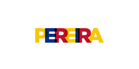 Pereira in the Colombia emblem for print and web. Design features geometric style, vector illustration with bold typography in modern font. Graphic slogan lettering isolated on white background.のイラスト素材