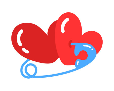 Two red hearts linked by a blue pin. This vibrant, flat design symbolizes connection, union, or support. Ideal for love, relationships, or togetherness themed projects.のイラスト素材