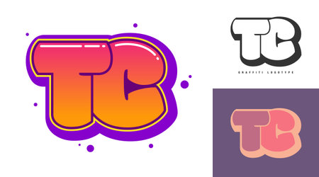 TC logo design for festival or party. Initial letter t and c in graffiti style. Creative modern lettering company name of font typography. Kids trendy logotype or identity. Vector illustration.のイラスト素材