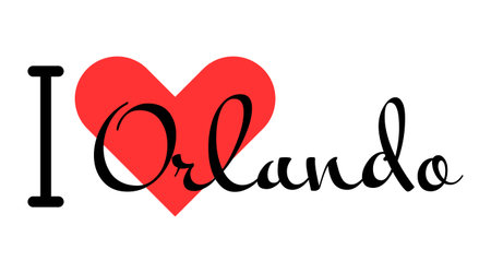 I love Orlando, city of United States. Hand drawn letters with red heart. Vector illustration lettering, modern design for print t shirt, banner, poster, sticker or label.のイラスト素材