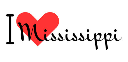 I love Mississippi state of the United States of America. Hand drawn letters with red heart. USA regions vector illustration, lettering in modern design for print t shirt, banner, poster, sticker or label.のイラスト素材