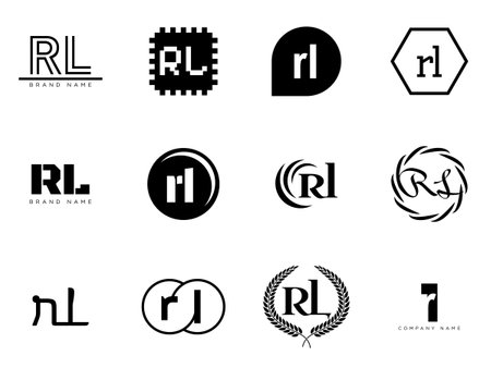 RL logo company template. Letter r and l logotype. Set different classic serif lettering and modern bold text with design elements. Initial font typography. Collection trendy business identity.のイラスト素材