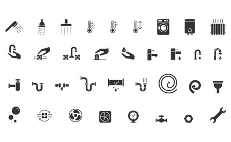 Collection of black and white plumbing icons including faucets, pipes, washing machine, wrench and radiator. Ideal for website, app design, or infographics.のイラスト素材