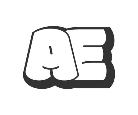 AE logo, bubble comic lettering, rounded in graffiti style black and white silhouette. Trendy preschool A and E letter text for festival party, personal initials, children funky print and web. Vector illustration.のイラスト素材
