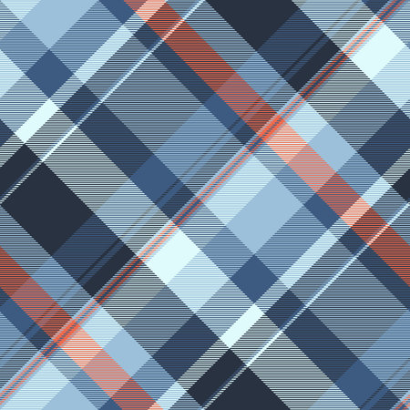 Abstract diagonal plaid pattern in cool blues and coral. Stylish geometric texture ideal for textile...