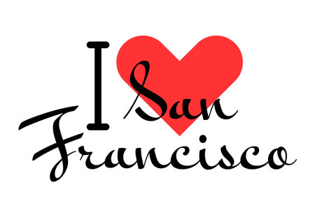 I love San Francisco, city of United States. Hand drawn letters with red heart. Vector illustration lettering, modern design for print t shirt, banner, poster, sticker or label.のイラスト素材